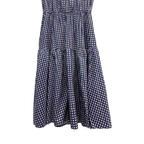 Tucker Navy Check Print Ruffle Midi Dress Silk Cotton Blend Sleeveless size M - Picture 2 of 7